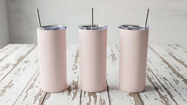 Three pink tumblers with metal straws on a rustic wooden table
