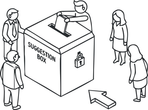 A group of people interacting with a suggestion box in outline vector style, ideal for workplace engagement and feedback initiatives