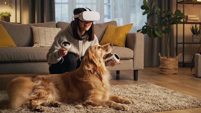 A person in VR gear with controllers stands near a Golden Retriever in a living room