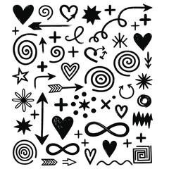 Hand drawn doodle elements arrows hearts spirals and more in black and white