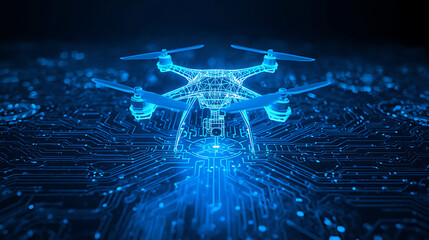 Drone hovering above illuminated circuit board representing technological advancements and innovation in aerial robotics