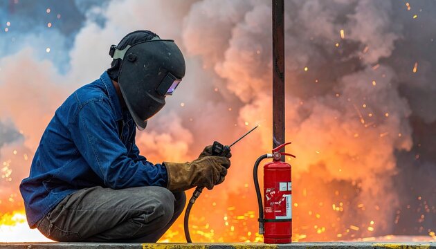 Welder in Protective Gear Sparks Intense Flames and Smoke in Outdoor Industrial Setting at Dusk - Powered by Adobe