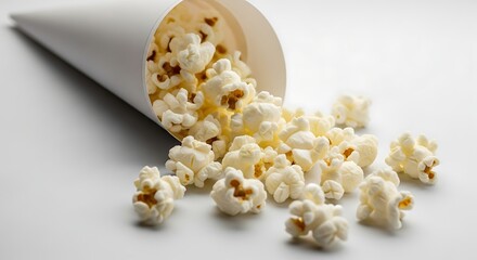 Freshly popped popcorn spilling from a white paper cone