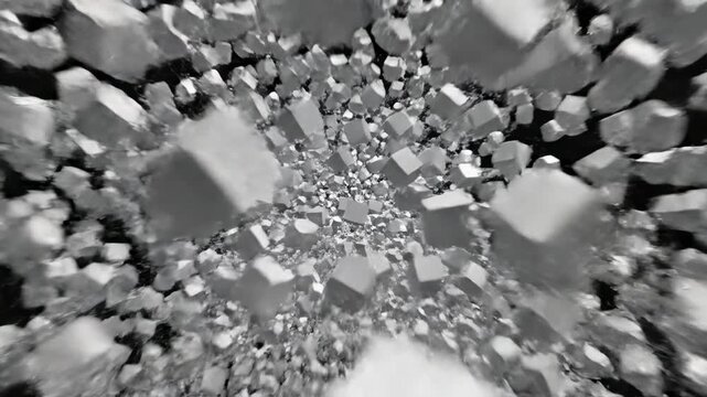 Sharp white cubic geometric shapes rapidly scatter and collide across a seamless dark void background creating visually complex disarray organization, digital art, modern design