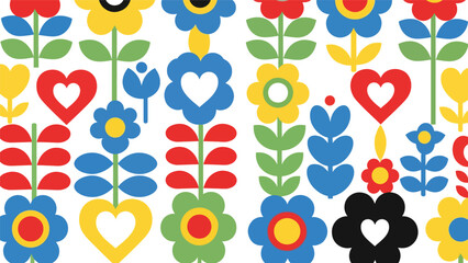 Seamless Scandinavian folk floral pattern with symmetrical hearts, flowers, and playful shapes in a clean flat modern vector style