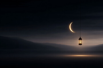 ramadan decorations, ramadans soft glow of lanterns under the crescent moon creates a peaceful, spiritual mood in the serene night sky