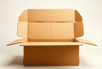 Empty tan corrugated cardboard box, flaps open, showing interior , open box, empty box