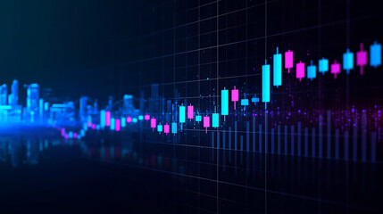 Financial market chart candlestick analysis with glowing cityscape and data visualization background