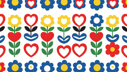 Seamless Scandinavian folk floral pattern with symmetrical hearts, flowers, and playful shapes in a clean flat modern vector style