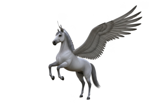 White pegasus rearing isolated on transparent background for fantasy and mythical design