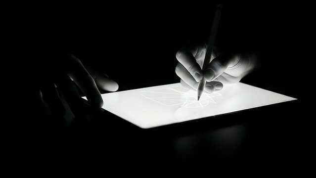 Close up of a person drawing on a digital tablet with a stylus - Powered by Adobe
