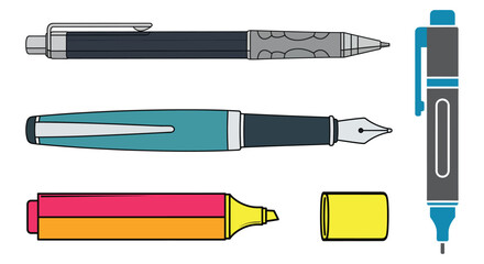 Collection of writing and marking tools including a mechanical pencil, fountain pen, highlighter, and marker