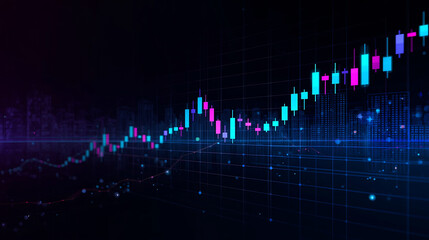 Financial market chart with candlestick graph and futuristic city background showing business trends and analysis