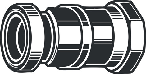 A detailed illustration of a plumbing pipe fitting in black and white vector style, perfect for technical and engineering projects