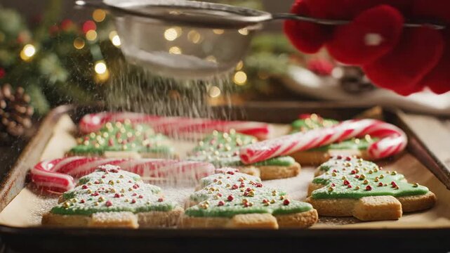 A person sieves powdered sugar over Christmas tree-shaped cookies and candy canes on a baking sheet