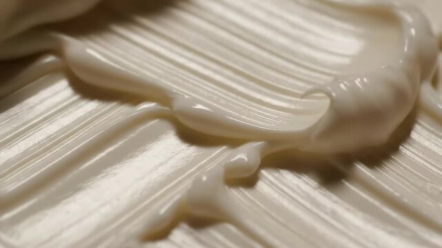 Macro close up of thick white cosmetic cream or lotion smear creating textured ridges on surface