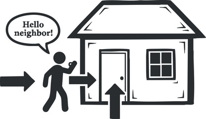 Fototapeta premium A person greeting their neighbor in front of a house in black and white minimalist vector style, perfect for community and social interaction themes