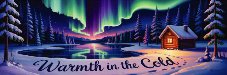 Cozy winter cabin by frozen lake under colorful northern lights aurora, warm light in snowy pine forest, tranquil night landscape