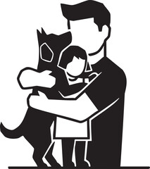Man and child hugging a dog in a simple black silhouette icon