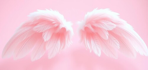 Delicate, translucent miniature angel wings, softly feathered, light pastel pink and white, ethereal, pastel