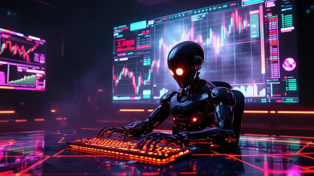 Vivid cyberpunk workspace showcasing vibrant market data flow