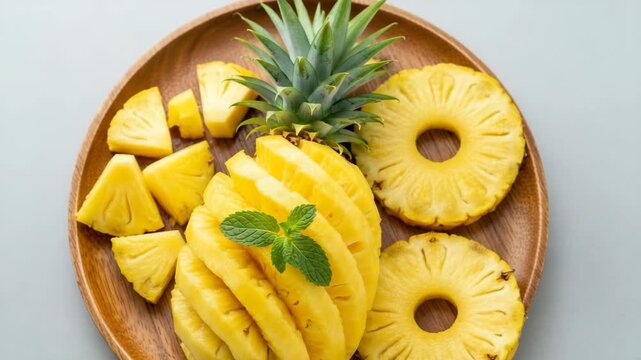 Freshly sliced pineapple on wooden plate with mint leaves  , camera zooms in, summer snack style 
