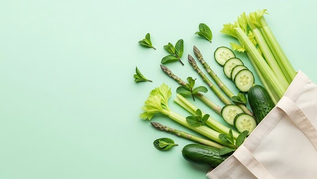 Fresh green vegetables spilling out of a reusable tote bag on a mint background