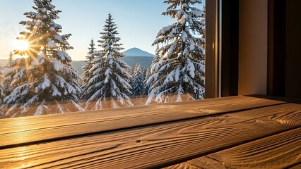 Wooden table top with a view of a snowy winter forest at sunrise.