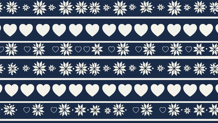 Flat seamless Nordic knitted-inspired pattern with snowflakes, hearts, and repeating geometric shapes, perfect for cozy seasonal textiles