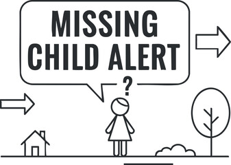 A missing child alert graphic featuring a person, house, and tree in minimalist line art style, suitable for community awareness campaigns