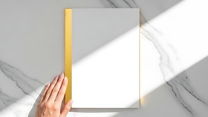 Overhead view of a blank white book with a golden spine on marble with a hand.