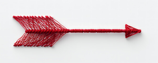 Red arrow made of intertwined thread on white background, handmade string art symbol with detailed texture, minimalist craft decoration and creative yarn design element in clean modern style
