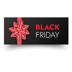 Black Friday Sale Banner with Realistic Red Gift Bow
