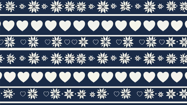 Fototapeta Flat seamless Nordic knitted-inspired pattern with snowflakes, hearts, and repeating geometric shapes, perfect for cozy seasonal textiles