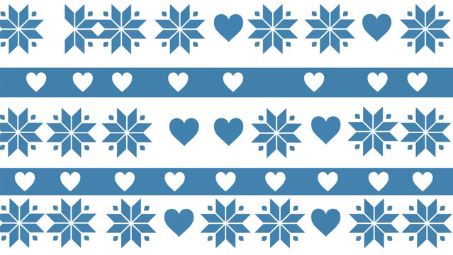 Fototapeta Flat seamless Nordic knitted-inspired pattern with snowflakes, hearts, and repeating geometric shapes, perfect for cozy seasonal textiles
