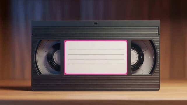 Vintage VHS tape with blank label on wooden shelf background  Retro VHS , camera zooms in, nostalgic mood