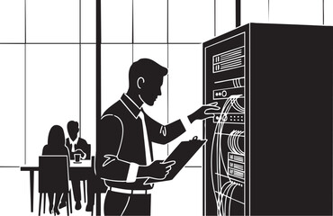 It technician checking server rack wiring while holding a clipboard