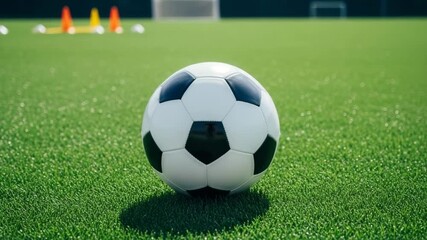 Soccer ball on green grass field with training cones in background , camera orbits around, - Powered by Adobe