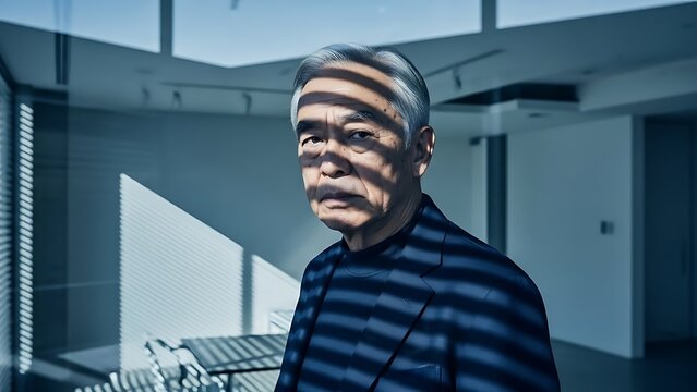 Serious senior man with gray hair wearing a suit, lit by blinds - Powered by Adobe