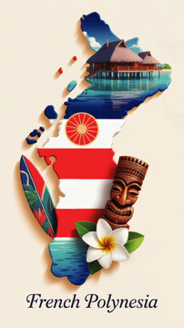 French Polynesia map illustration with overwater bungalows, tiki mask, tropical flower and surfboard island travel concept