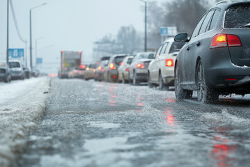 Cars struggling on icy road during freezing rain, slippery surface causing slow traffic