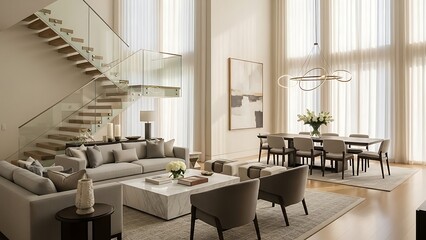 Spacious modern interior showcasing neutral color palette and soaring natural light.
