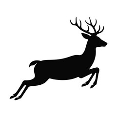 Fototapeta premium A black silhouette of a leaping deer against a white background. The deer is captured in mid-jump with all four legs extended forward, creating a dynamic running pose. Transparent background.
