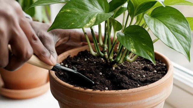 A person's hand using a small rake to tend a pothos plant in a terracotta pot