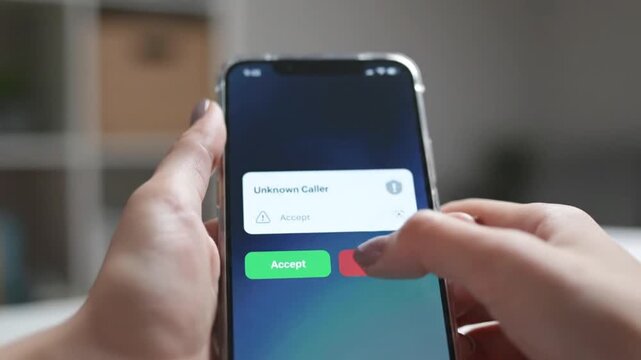 Person Declining Unknown Incoming Call on Smartphone Screen, Highlighting Digital Privacy and Unwanted Communication Rejection