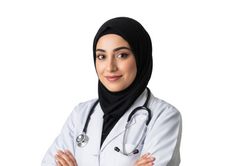Young muslim female doctor wearing a black hijab and white lab coat with a stethoscope around her neck isolated on transparent background