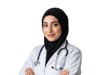 Young muslim female doctor wearing a black hijab and white lab coat with a stethoscope around her neck isolated on transparent background