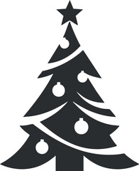 A Christmas tree with a star on top, decorated with ornaments in black and white outline vector style, perfect for holiday designs