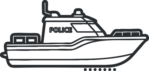 A police boat illustration in black and white outline vector style, suitable for law enforcement graphics and educational materials