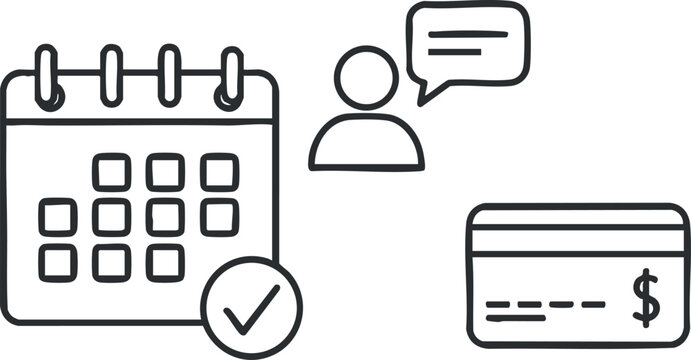 A calendar with a checkmark, a user icon, and a speech bubble with a credit card in minimalist outline vector style, ideal for scheduling and payment applications
